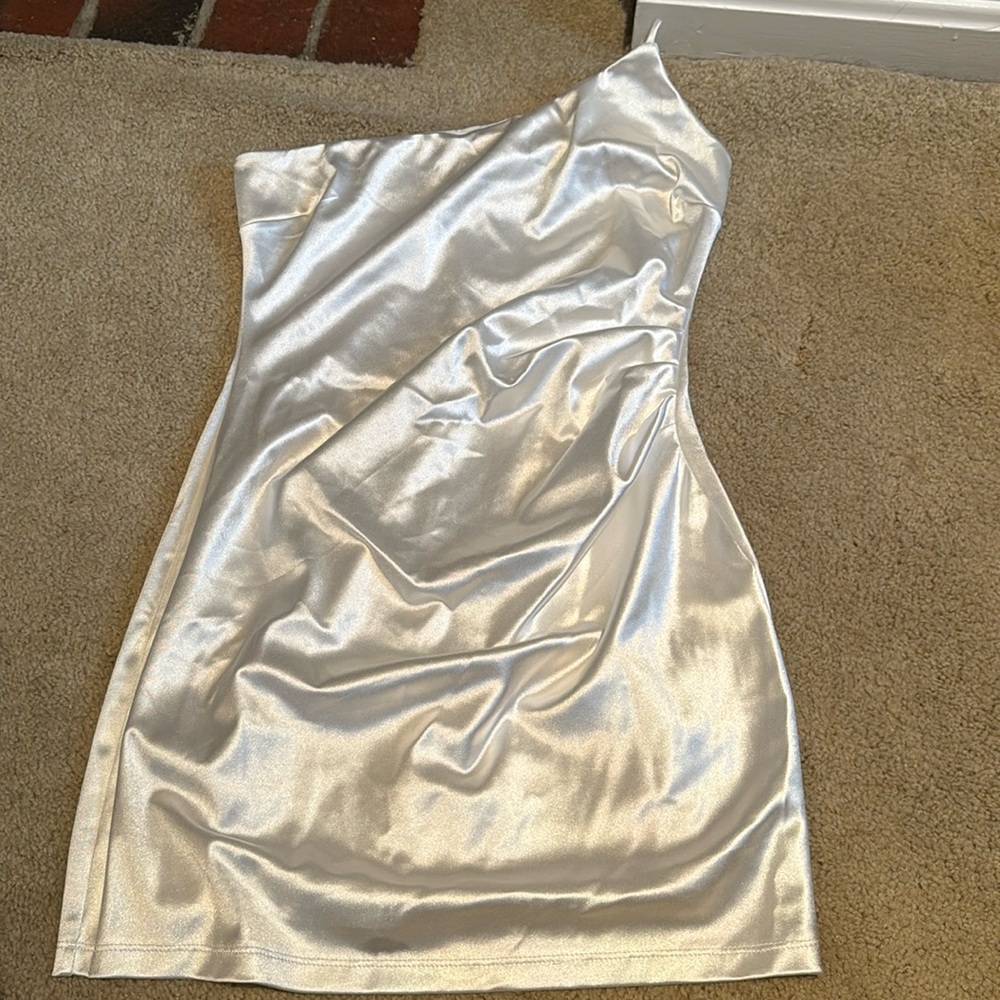 Fully lined one shoulder white satin mini dress